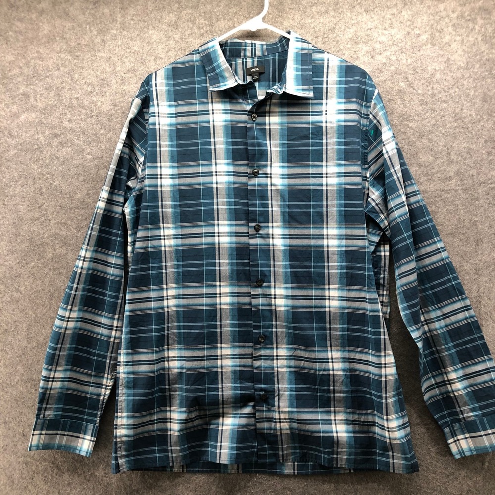 Vince Mens Size Large 100% Cotton Teal Navy White Plaid Button Down Shirt L